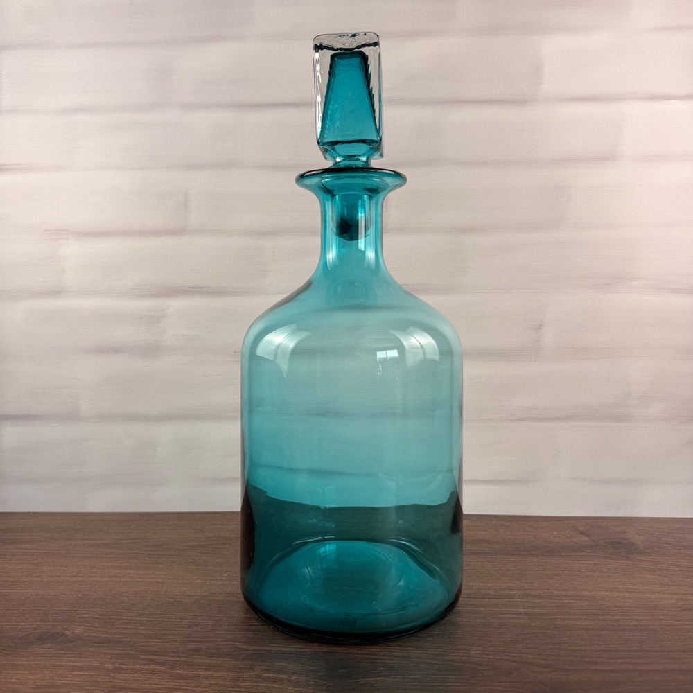 Z Gallerie Large Teal Blue Art Glass Decanter Square Stopper 17"